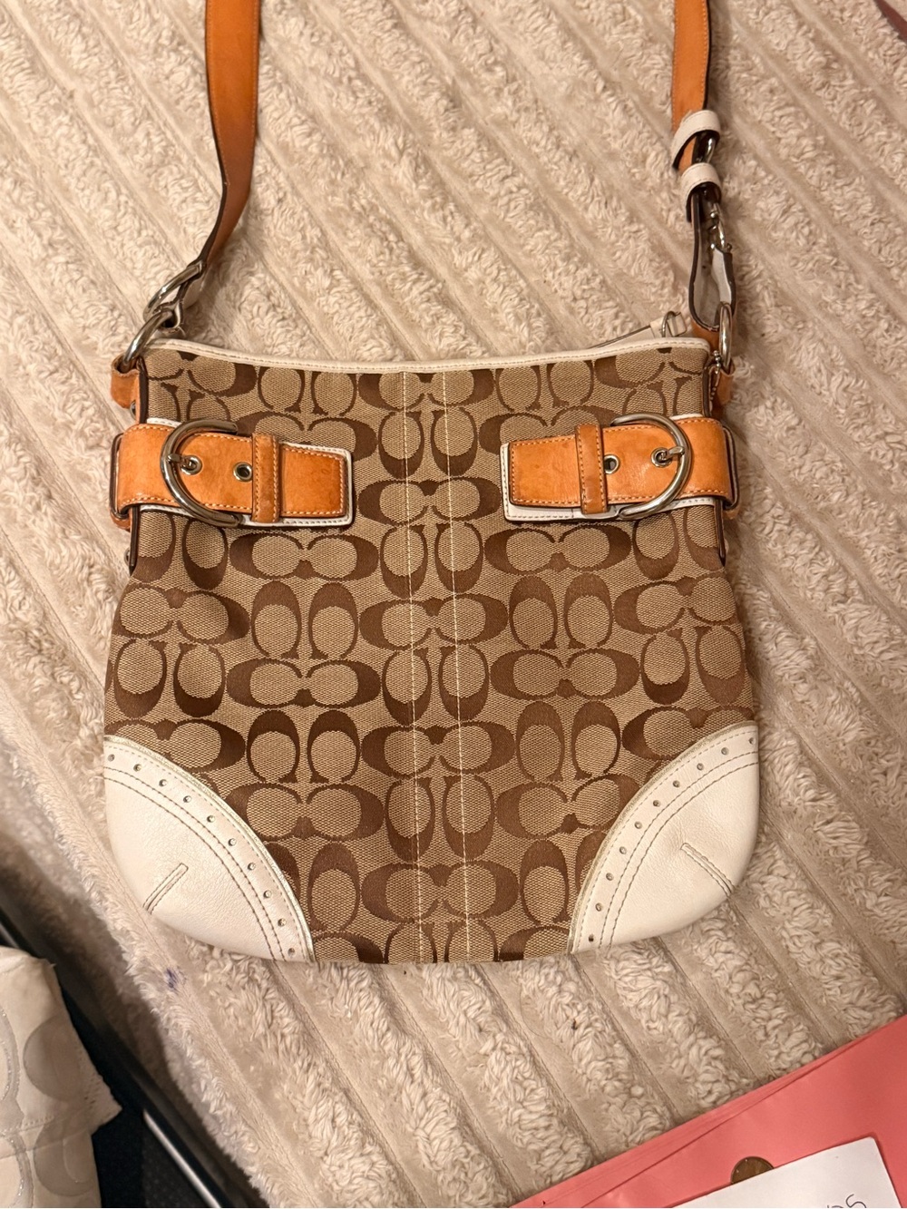 Coach Tan Signature Canvas Shoulder Bag with White Trim and Orange Accents